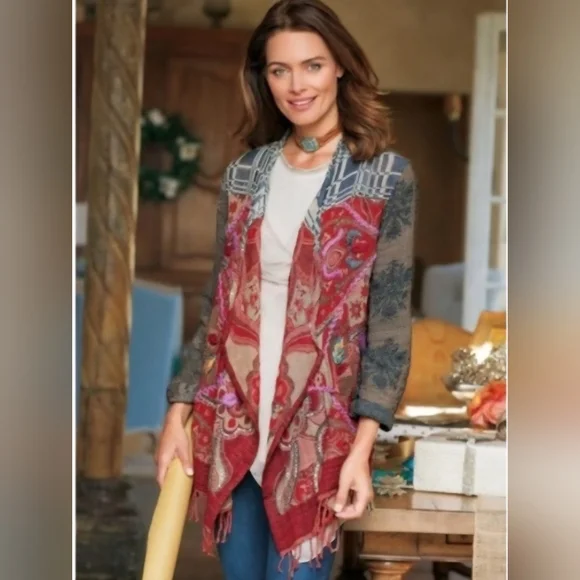 Soft Surroundings Juliette Sweater Boho Fringe Wool Flowy Colorful Embroidered - Picture 2 of 12